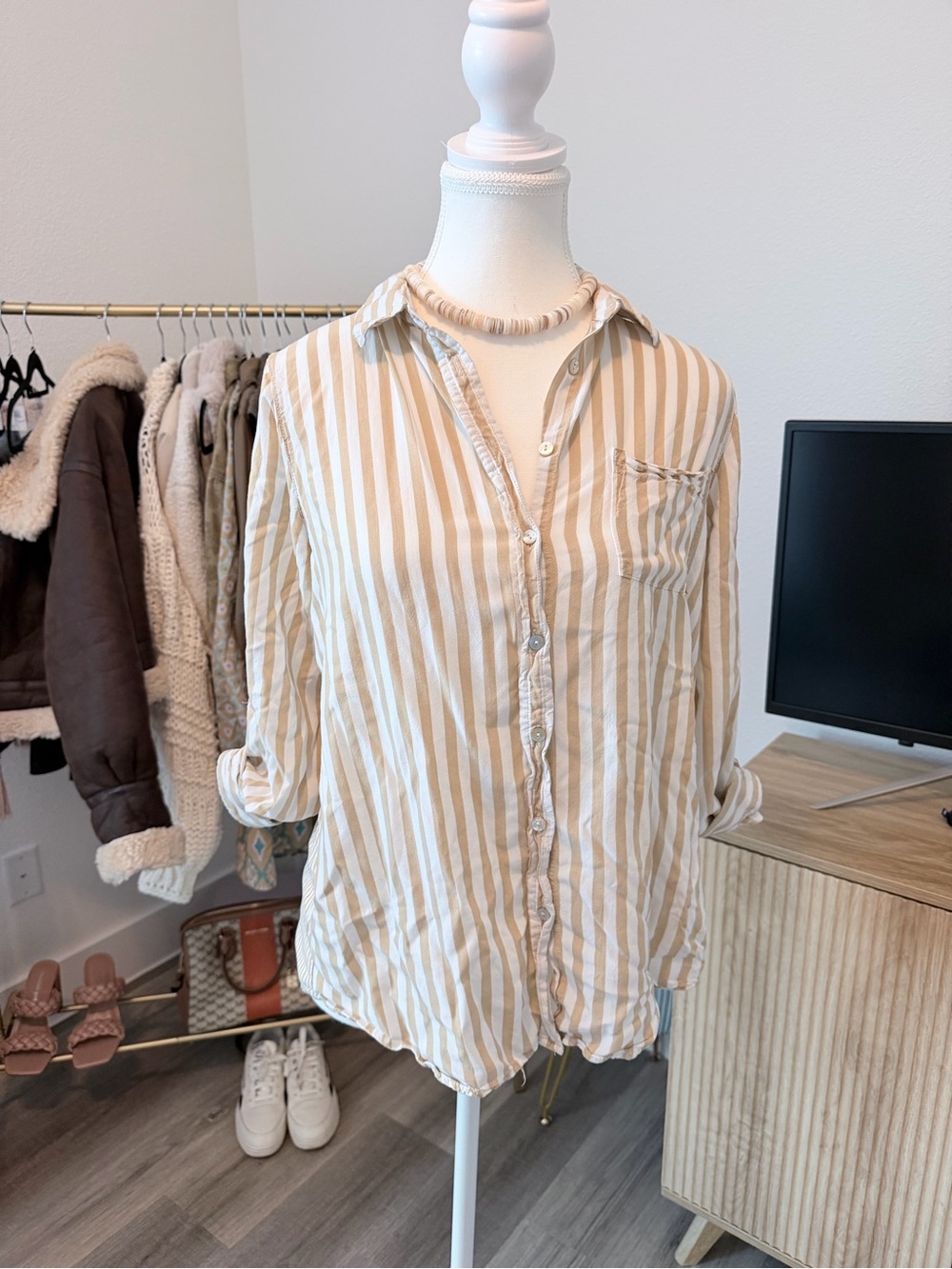 Striped Button-Down Shirt - Beige & White